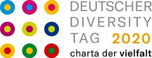 Das Bild zeigt das Logo des Deutschen Diversity Tags 2020: neun bunte Kreise, daneben der Schriftzug Deutscher Diversity Tag 2020 sowie Charta der Vielfalt