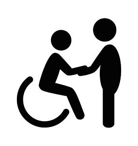 Ein stehender Mensch reicht einem im Rollstuhl sitzenden Menshen die Hand. Kacheln zu verschiedenen Beeinträchtigungen (Bild: colourbox.de)