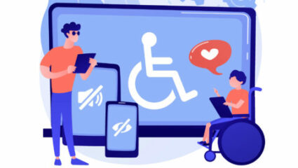 eine Person im Rollstuhl und eine stehende Person schauen auf Tablets, im Hintergrund ist ein großer Bildschirm zu sehen mit einer stilisierten Person im Rollstuhl.