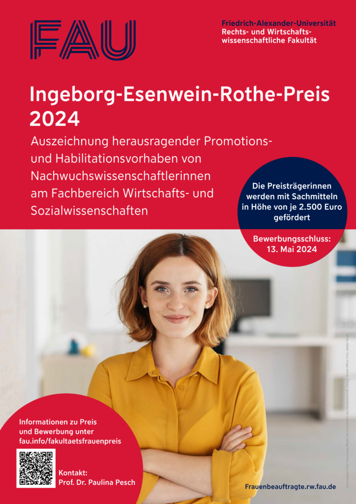 Plakat mit den wichtigsten Fakten zum Ingeborg-Esenwein-Rothe-Preis 2024 (siehe Website) und Bild einer lächelnden jungen Frau in Bluse.