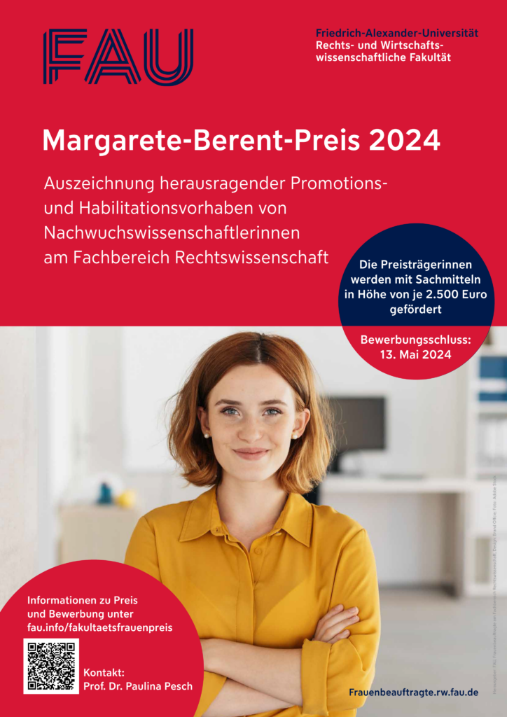 Plakat mit den wichtigsten Fakten zum Margarete-Berent-Preis 2024 (siehe Website) und Bild einer lächelnden jungen Frau in Bluse.